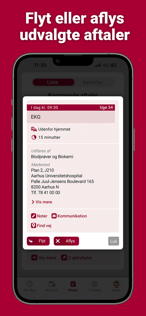 MineAftaler 앱 인터페이스에 심전도 검사 의료 예약 이동 또는 취소 옵션 표시