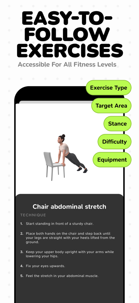 Moova: Hourly Activity Breaks - Una pantalla móvil que muestra la aplicación Moova con un tutorial fácil de seguir de estiramientos abdominales en silla.