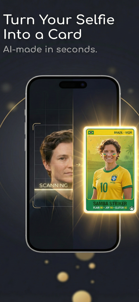Glorio app interface showing a selfie being transformed into a Brazil themed soccer fan card