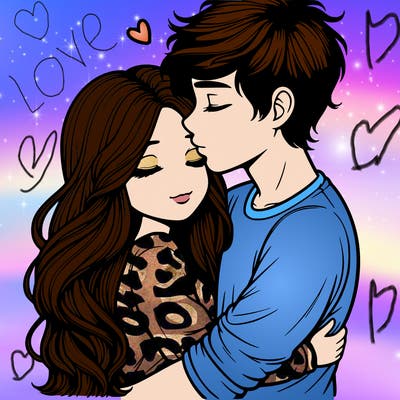 a realistic couple boy and girl hugging and kissing