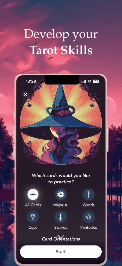 Witch - AI Tarot Card Reading - Interfaz de la aplicación móvil Witch Tarot para practicar habilidades de tarot con opciones para diferentes categorías de cartas como Arcanos Mayores y Oros