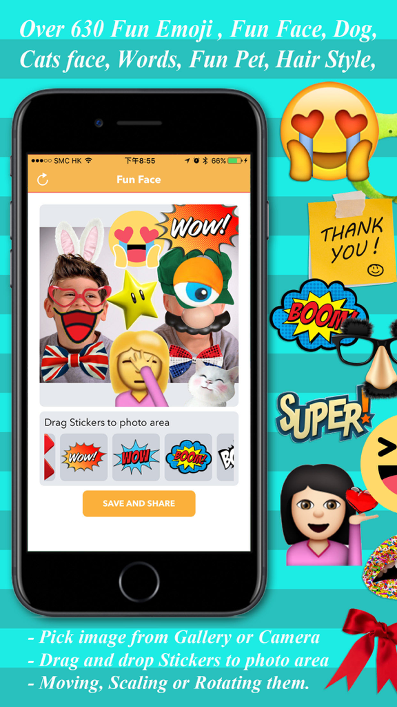Fun Face -Funny Photo Filters Stickers Editor - Interface of the Fun Face app showing how to add funny stickers and emojis to photos.