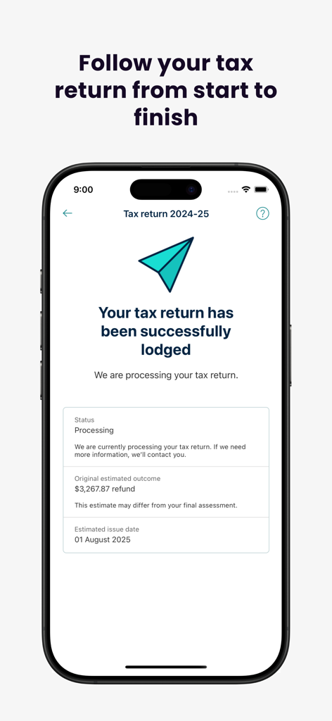 Australian Taxation Office - Screenshot of the ATO app showing a successfully lodged tax return with processing status and estimated refund