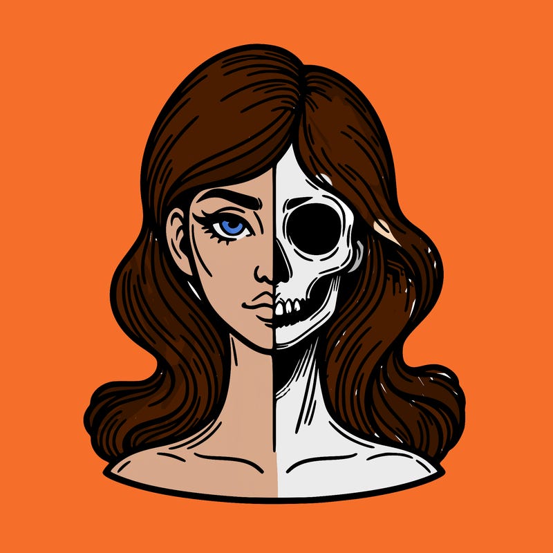 bust of a woman, half face and hair, half skull