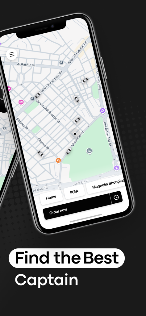 Wasila - Wasila mobile app interface showing real-time ride tracking with cars on a city map and an order now button.