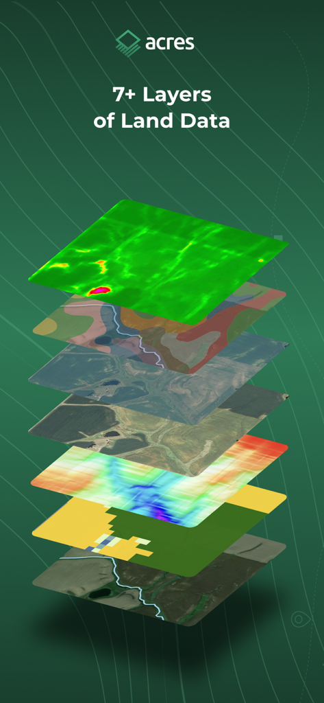 Acres: Land Data & Parcel Maps - Acresアプリからの衛星ビュー、地形、土壌情報を示す7つの異なるマップデータレイヤーのスタック