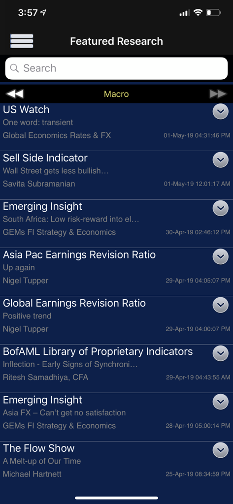 Bank of America Research Library App mit einer Liste von vorgestellten Makro-Research-Berichten.