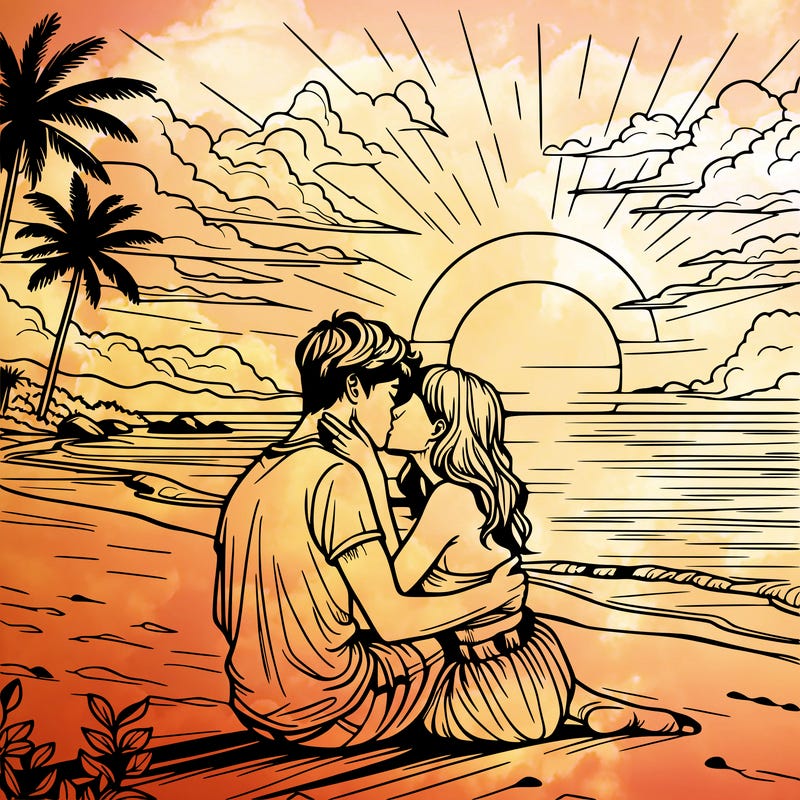 people kissing in the sunset on the beach realistic