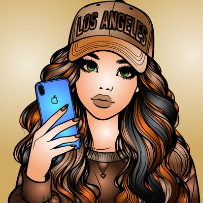 realistic beautiful girl wearing los ángeles cap holding an iphone