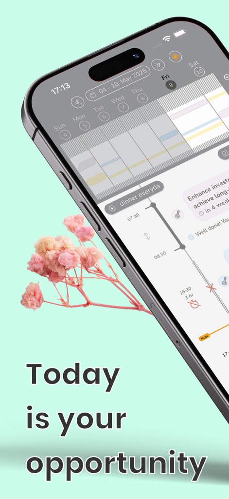 My OKR - Achieve What Matters - iPhone画面にMy OKRアプリが表示され、目標追跡のための日次タイムラインとカレンダーが表示されています