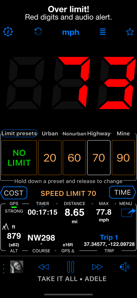 Speedometer 55 app showing a red digital display for exceeding the speed limit with HUD and trip data