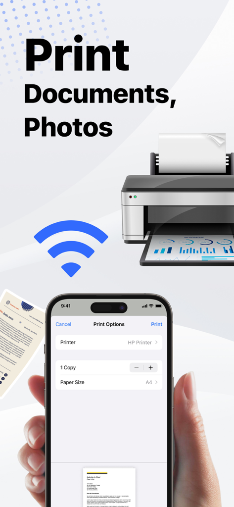 Smart Printer App: Printer - La interfaz de Smart Printer App que muestra opciones de impresión inalámbrica en un iPhone para documentos y fotos.