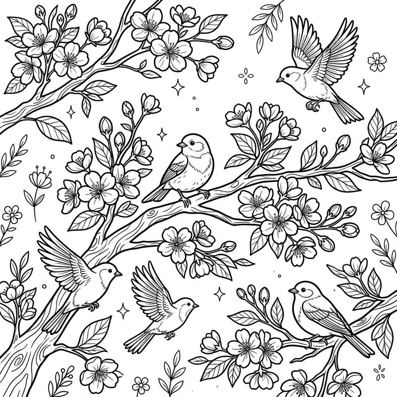 Immerse yourself in the delicate beauty of spring with this captivating coloring page featuring graceful birds among vibrant cherry blossoms. A perfect blend of nature's charm and artistic relaxation for all ages.