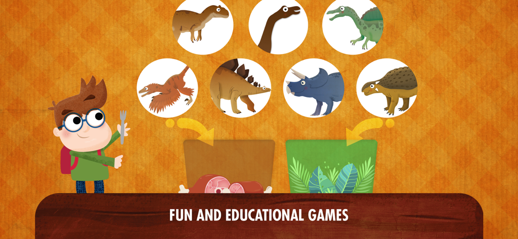 A cartoon screen showing a boy sorting carnivorous and herbivorous dinosaurs into boxes based on their diet.