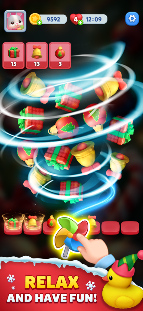 Toy Match 3D: Triple Match - Toy Match 3D Triple Match gameplay showing Christmas themed objects in a swirling 3D puzzle