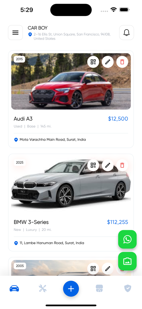 Arabia Cars app screen showing vehicle listings for Audi and BMW models with prices and locations