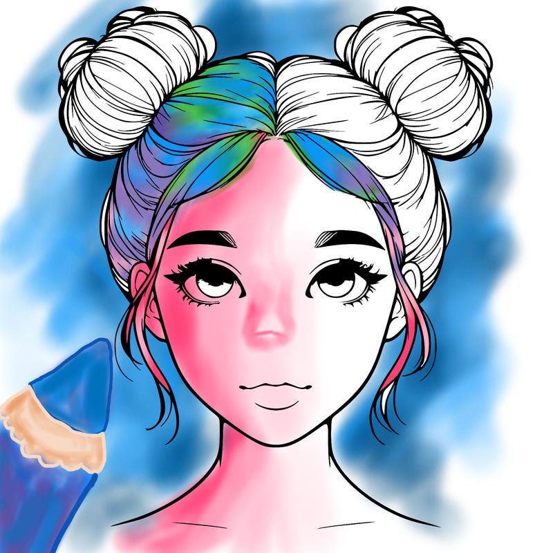 realistic girl with two buns on top of her head