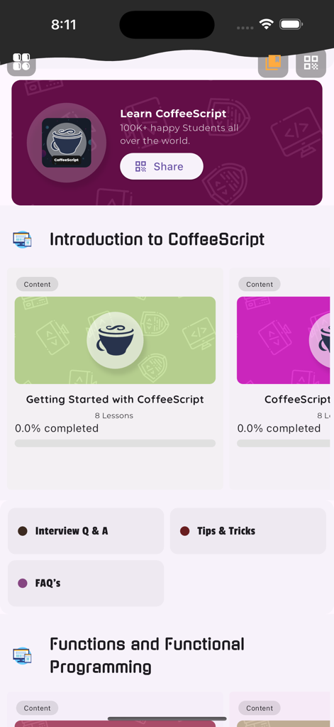 Learn CoffeeScript - The home screen of the Learn CoffeeScript app showing programming lessons and interview preparation tools
