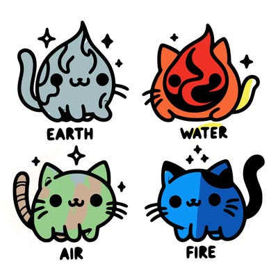 4 cats that represent the different elements, earth, water, air, and fire