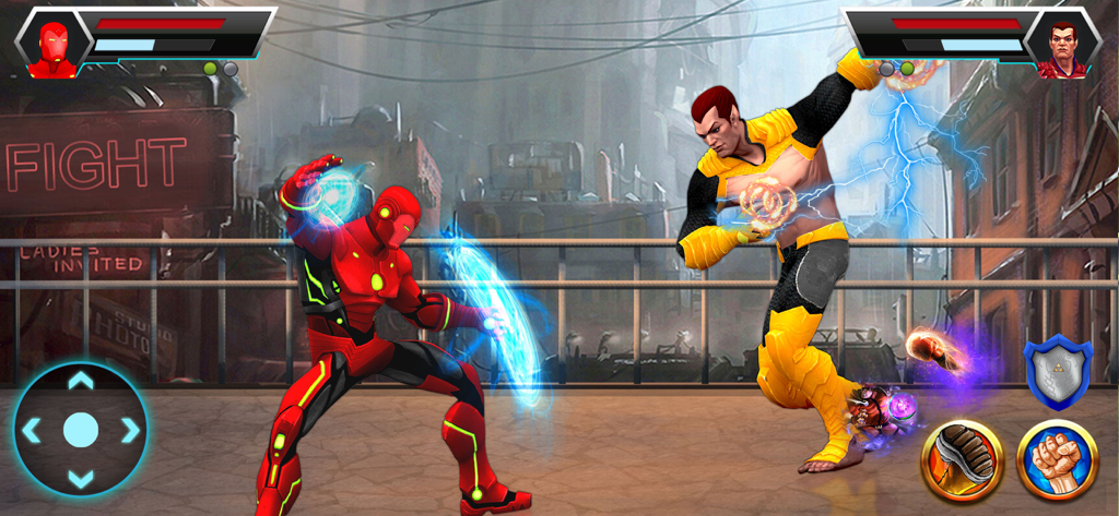 Kung Fu Karate - Fighting Game - Un superhéroe robot rojo y un guerrero amarillo luchando con efectos de energía en una escena de combate en la calle de la ciudad.