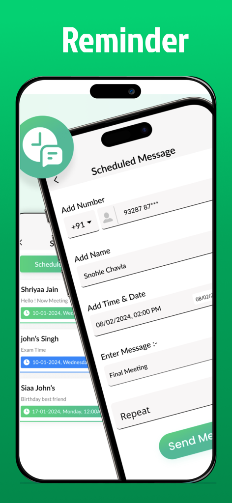 Messanger Duo For WA Chat 2025 - Interfaz para programar mensajes y configurar recordatorios en Messenger Duo para WhatsApp