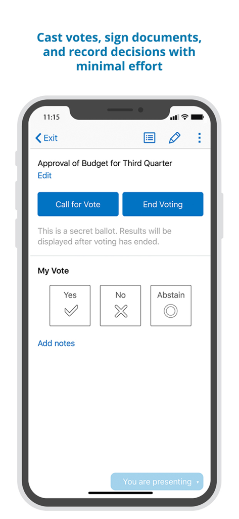 Azeus Convene mobile app screen showing a board portal interface for casting votes and recording decisions on a budget approval.