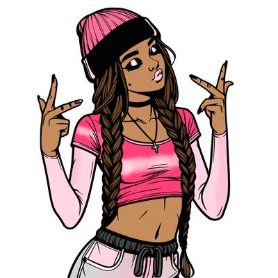 realistic teenage girl with braids and a beanie and crop top doing 🫶🏼