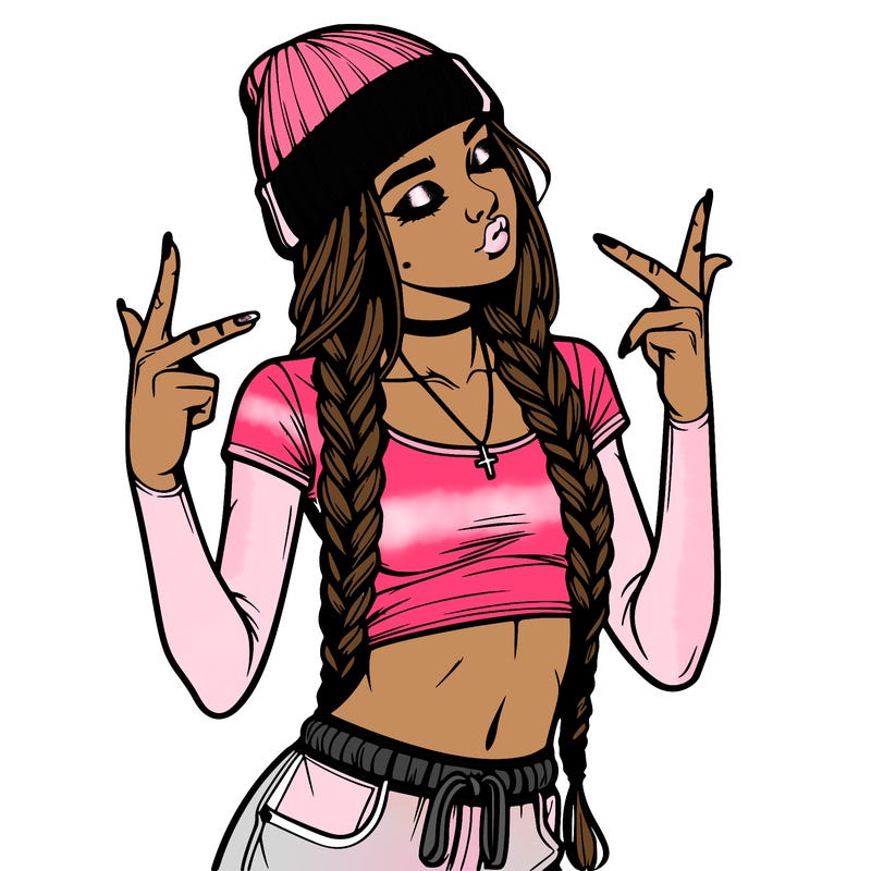 realistic teenage girl with braids and a beanie and crop top doing 🫶🏼