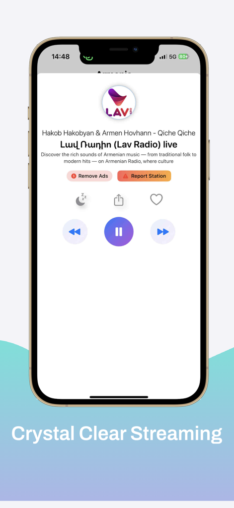 Live streaming interface of Lav Radio on the Armenia Music Stations and News app