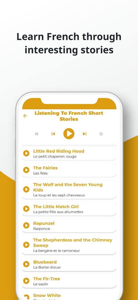 French ー Listening・Speaking - Mobile app screen displaying a list of French short stories for listening practice