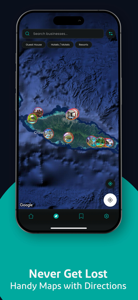 Discover Samoa - Pantalla de la aplicación móvil mostrando un mapa satelital de Samoa con marcadores de atracciones turísticas y negocios locales