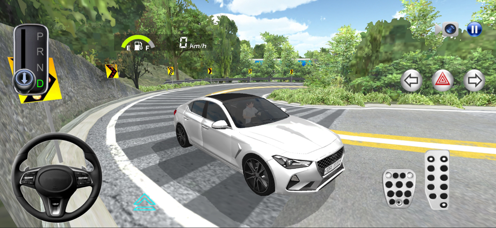 White car driving on a winding road in the 3D Driving Class mobile simulation