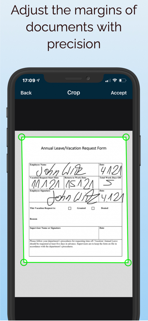 ScanBox – PDF Scanner & OCR - Smartphone zeigt die Anpassung von Dokumentenrändern und das Zuschneiden in der ScanBox-App