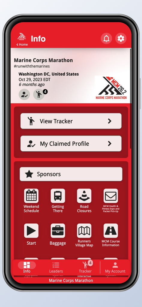 MCM Organization - Marine Corps Marathon Organization app info screen featuring runner tracking and event logistics icons