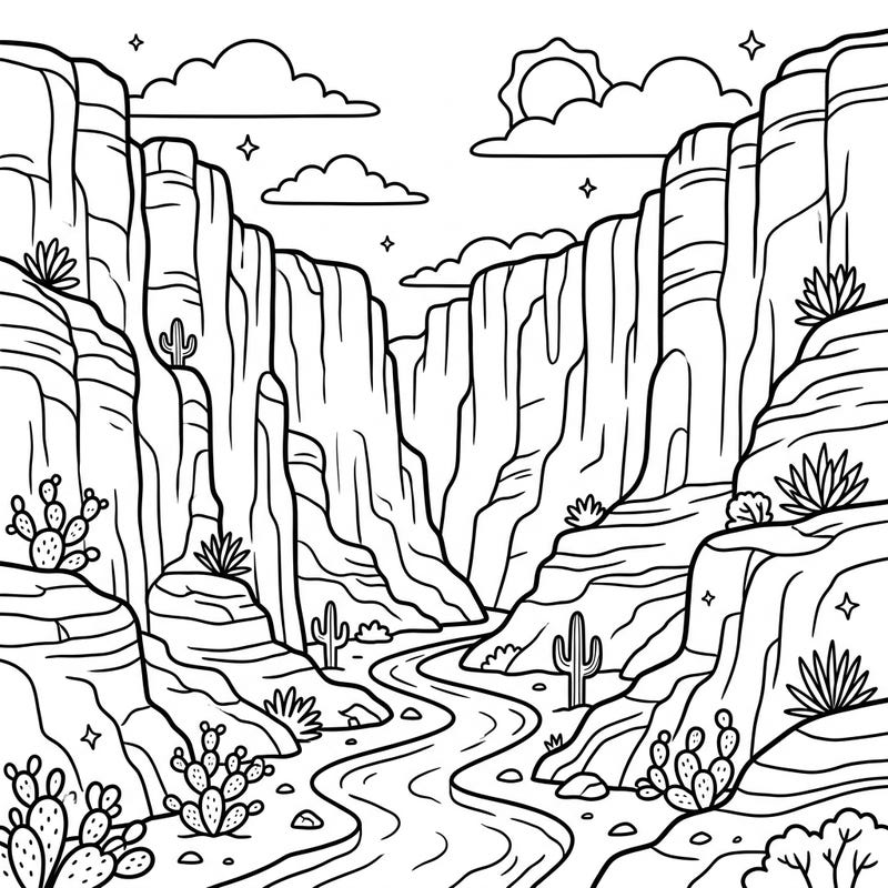 Dive into a thrilling desert landscape with this exciting box canyon coloring page, perfect for young explorers aged 4-8. Bring the towering cliffs, winding river, and unique desert flora to life with your favorite colors.