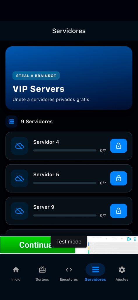 Bublox - Interfaz de la aplicación Bublox que muestra una lista de servidores VIP disponibles para juegos de Roblox.