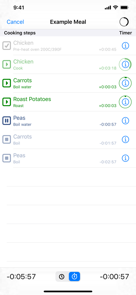 A smartphone screenshot showing the Easy Cooking Timer app with a list of active and upcoming cooking steps for a meal.