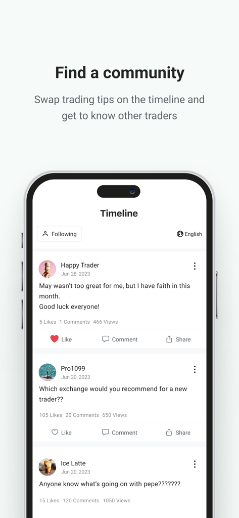 League of Traders - Mobile app interface showing a social timeline for crypto traders to share tips and engage with the community.