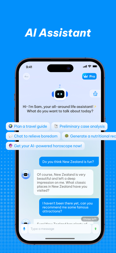 Un teléfono inteligente que muestra la interfaz de chat del Asistente de IA en la aplicación AI Translator Pro, discutiendo recomendaciones de viaje para Nueva Zelanda.