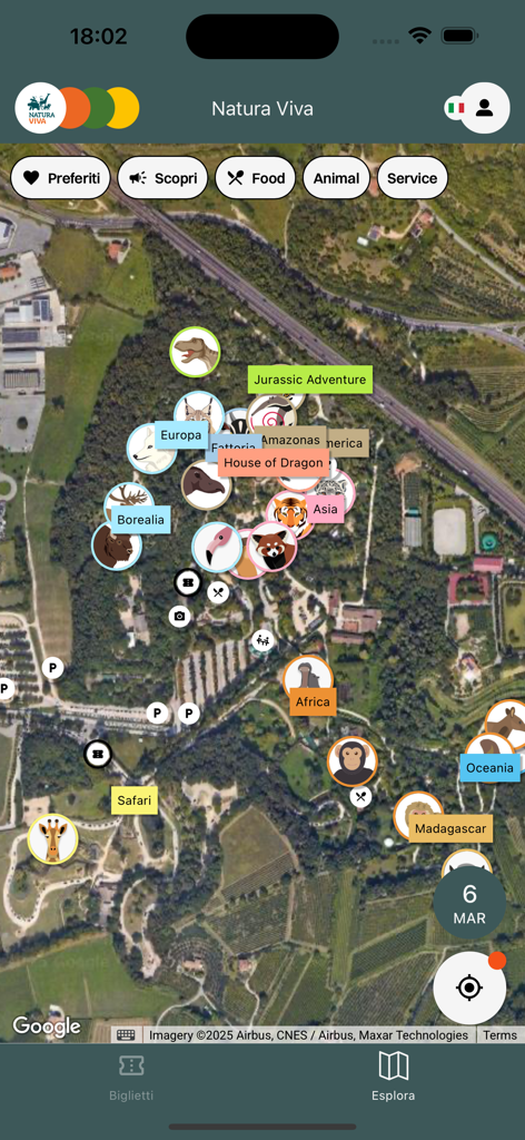 Vista satellitare interattiva del parco Natura Viva che mostra varie icone di animali e zone come Safari e Jurassic Adventure