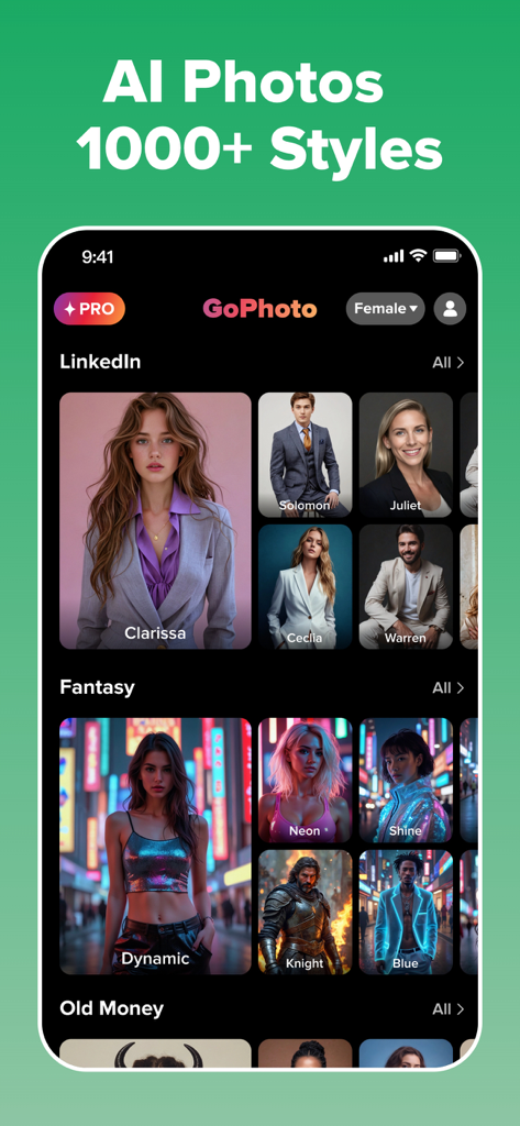 GoPhoto:AI Photo & Video Maker - GoPhoto app interface showing AI photo styles for professional LinkedIn headshots and creative fantasy portraits