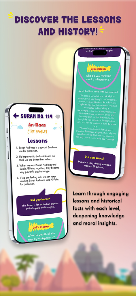 My Quran Journey - Mobile app interface of My Quran Journey showing educational lessons and historical facts about Surah An-Naas for children