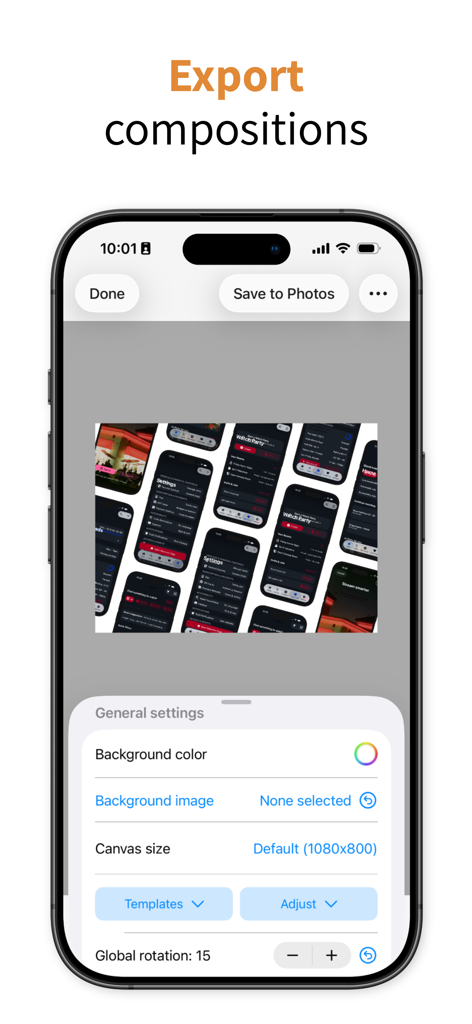 Pixelmost-App-Bildschirm mit der Funktion für Exportkompositionen mit Mockup-Raster und Designeinstellungen
