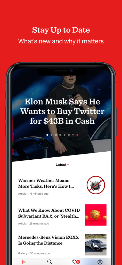 CNET mobile app news feed showing the latest tech and lifestyle stories