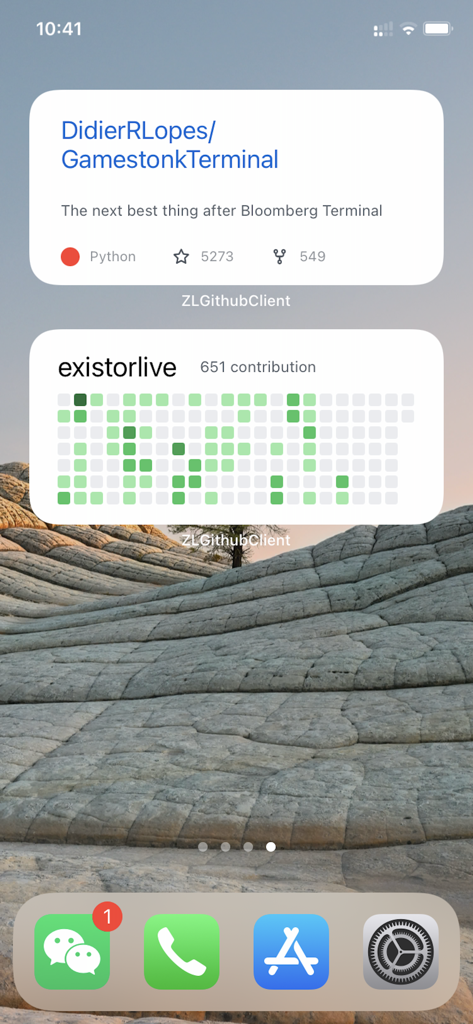 ZLGithubClient - Widgets da tela inicial do iOS exibindo um cartão de estatísticas de repositório do GitHub e um gráfico de atividade de contribuição do usuário
