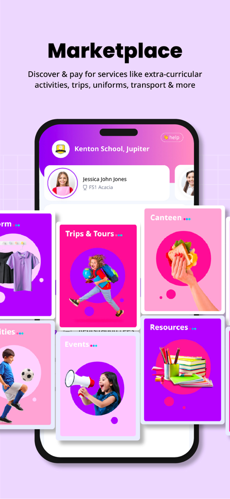 Zenda app marketplace screen showing school services like trips, canteen, and events for parents to pay.