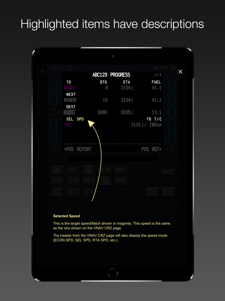 787 FMC - iPad screenshot of the 787 FMC app showing an interactive description for Selected Speed on the Progress page