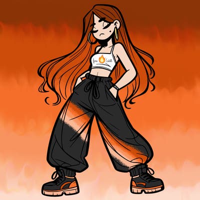 girl in baggy pants crop top and long hair