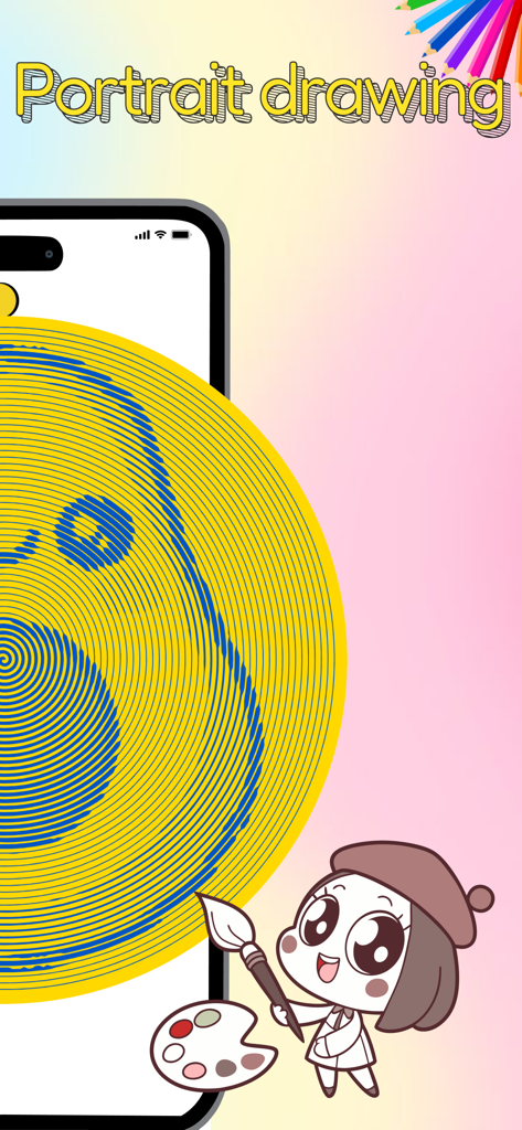 Spiral Art: Portrait Drawing - Un smartphone mostrando un retrato de arte en espiral amarillo con un lindo personaje de artista de dibujos animados
