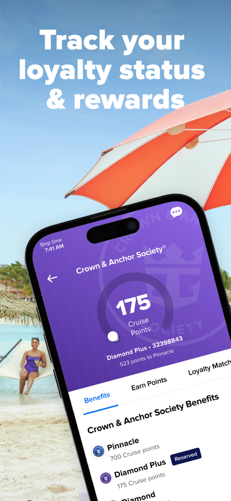 Smartphone screen showing the Crown and Anchor Society loyalty status and points on the Royal Caribbean app